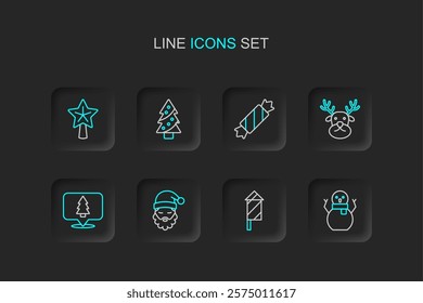 Set line Christmas snowman, Firework rocket, Santa Claus hat and beard, tree, Reindeer, Candy,  and star icon. Vector