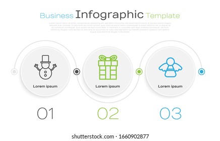 Fije la línea del muñeco de nieve de Navidad, la caja de regalo y el ángel de Navidad. Plantilla de infografía empresarial. Vector