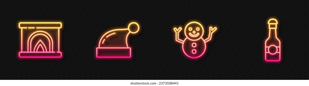 Set line Christmas snowman, Interior fireplace, Santa Claus hat and Champagne bottle. Glowing neon icon. Vector