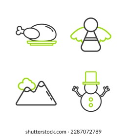 Set line Christmas snowman, Mountains, angel and Roasted turkey or chicken icon. Vector