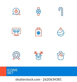 Set line Christmas snowman, Reindeer, wreath, ball, Gift bow, shopping bag, Candy cane with stripes and  icon. Vector