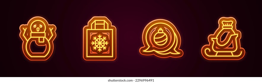 Set line Christmas snowman, shopping bag, ball and santa claus sleigh. Glowing neon icon. Vector