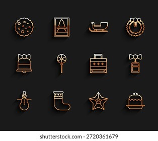 Set línea de Navidades muñeco de nieve, media, galleta o galleta con chocolate, estrella, pastel, piruleta, Precio etiqueta de inscripción Venta y papel icono del bolso de compras. Vector