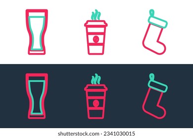 Set line Christmas sock, Glass of beer and Coffee cup icon. Vector