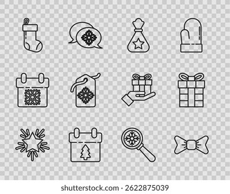 Set line Christmas star, Bow tie, Santa Claus bag gift, Calendar, stocking, Price tag with inscription Sale, Magnifying glass snowflake and Gift box icon. Vector