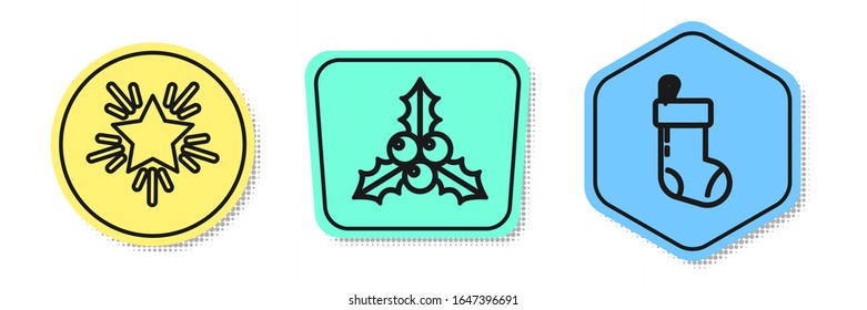 Set line Christmas star, Branch viburnum or guelder rose and Christmas stocking. Colored shapes. Vector