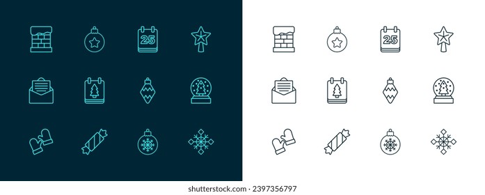 Fija la línea estrella de Navidad, Candy, juguete, bola, calendario del día, chimenea e ícono. Vector