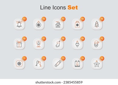 Set line Christmas star, day calendar, Candy, Glass of champagne, Snowflake, Santa Claus hat beard, toy and stocking icon. Vector