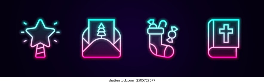 Set line Christmas star, Envelope, stocking and Holy bible book. Glowing neon icon. Vector