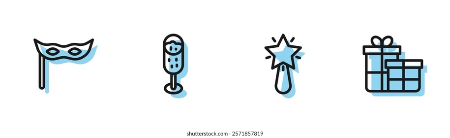 Set line Christmas star, Festive mask, Glass of champagne and Gift box icon. Vector