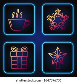 Set line Christmas star, Gift box, Coffee cup and Snowflake. Gradient color icons. Vector