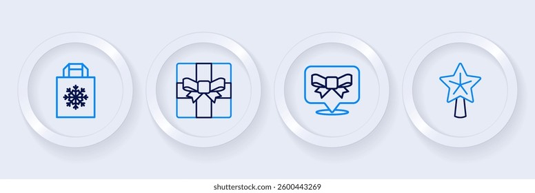 Set line Christmas star, Gift bow, box and shopping bag icon. Vector