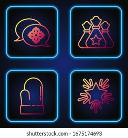 Fijar la estrella navideña, Navidad, Copo de nieve con burbuja de habla y regalo de bolso de Papá Noel. Iconos de color degradado. Vector