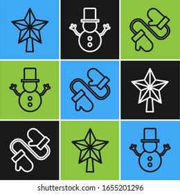 Fija la estrella navideña, el par de mitones de Navidad de punto e icono de muñeco de nieve. Vector