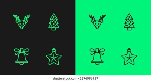 Set line Christmas star, ringing bell, Reindeer and tree icon. Vector