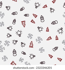 Set line Christmas star, Santa Claus hat and beard, Candy and tree on seamless pattern. Vector