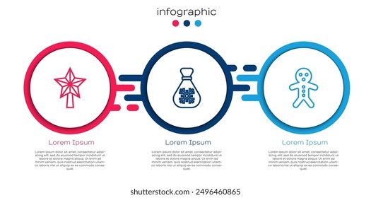 Set line Christmas star, Santa Claus bag gift and Holiday gingerbread man cookie. Business infographic template. Vector