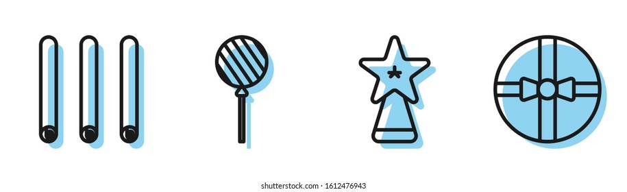 Set line Christmas star, Three rolled sticks of cinnamon, Lollipop and Gift box icon. Vector