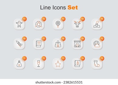 Set Linie Weihnachtsbesatz, Buch, Stern, Glas Champagner, Weihnachtssack Geschenk, Nacht, Innenkamin und Einkaufssymbol. Vektorgrafik