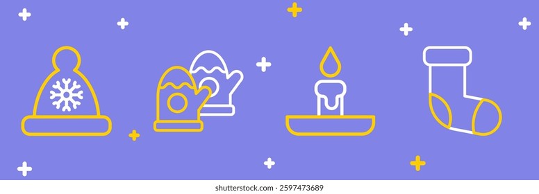 Set line Christmas stocking, Burning candle, mittens and Santa Claus hat icon. Vector