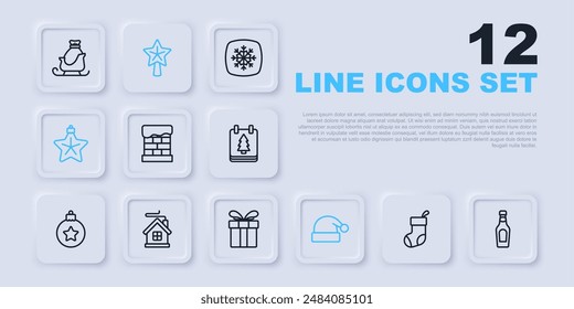 Set line Christmas stocking, Champagne bottle, chimney, Santa Claus hat, star, Merry house,  and Gift box icon. Vector