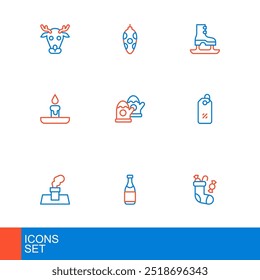 Definir linha Natal estoque, garrafa de champanhe, chaminé, etiqueta de porcentagem de desconto, vela de queima, luvas, patins e ícone de brinquedo. Vetor