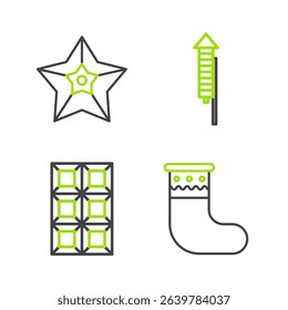 Set line Christmas stocking, Chocolate bar, Firework rocket and star icon. Vector