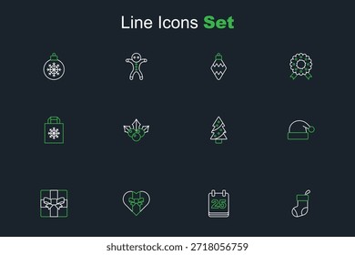 Set línea de Navidades de la media, calendario de día, caja de regalo, sombrero de Santa Claus, árbol, rama viburnum y bolso de compras icono. Vector