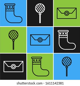 Set line Christmas stocking, Envelope with christmas party invitation card and Lollipop icon. Vector