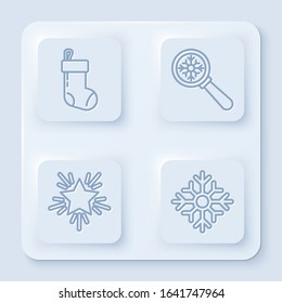 Set line Christmas stocking, Magnifying glass with snowflake, Christmas star and Snowflake. White square button. Vector