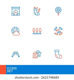 Set line Christmas stocking, mittens, Glass of champagne, Candy, night, lights, Lollipop and  icon. Vector