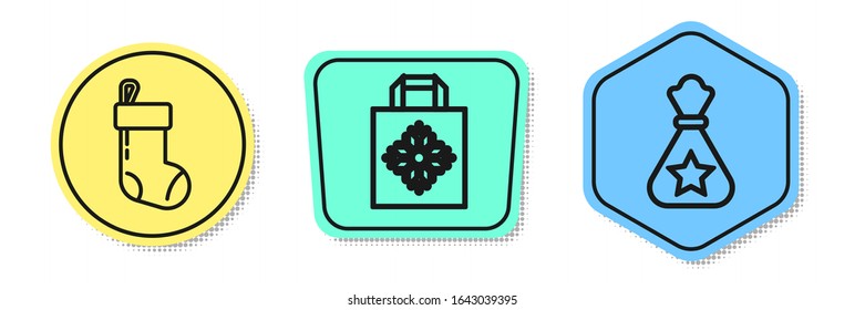 Set line Christmas stocking, Christmas paper shopping bag and Santa Claus bag gift. Colored shapes. Vector