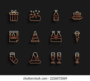 Set line Christmas stocking, Santa Claus hat, Gift box, Glass of champagne, Party, Microphone and Champagne bottle icon. Vector