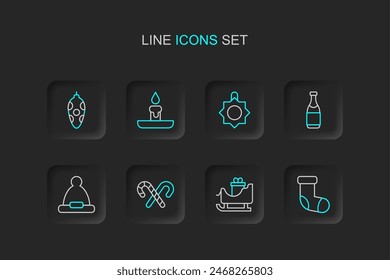 Set line Christmas stocking, santa claus sleigh, Candy cane with stripes, Santa Claus hat, Champagne bottle, toy, Burning candle and  icon. Vector