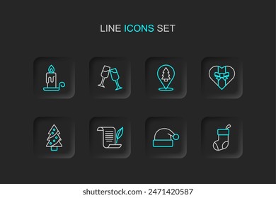 Set line Christmas stocking, Santa Claus hat, Envelope, tree, Gift box, Glass of champagne and Burning candle icon. Vector