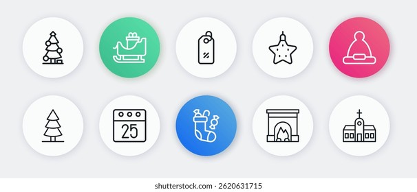 Set line Christmas stocking, Santa Claus hat, tree, Interior fireplace, star, Discount percent tag, Church building and day calendar icon. Vector
