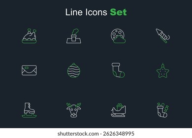 Set line Christmas stocking, santa claus sleigh, Reindeer, Skates, star, ball and Envelope icon. Vector