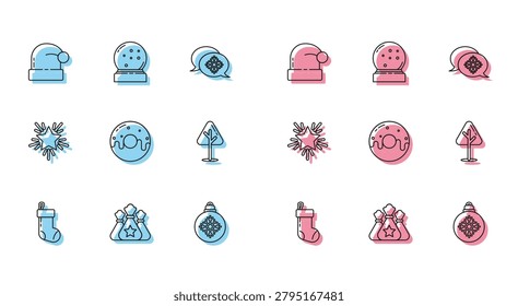 Set line Christmas stocking, Santa Claus bag gift, hat, ball, Donut with sweet glaze, tree, star and snow globe fallen snow icon. Vector