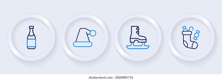 Set line Christmas stocking, Skates, Santa Claus hat and Champagne bottle icon. Vector