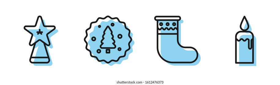 Set line Christmas stocking, Christmas star, Cookie or biscuit with chocolate and Burning candle in candlestick icon. Vector