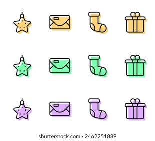 Set Line Weihnachtsmusiken Strumpf, Stern, Umschlag und Geschenkbox-Symbol. Vektorgrafik