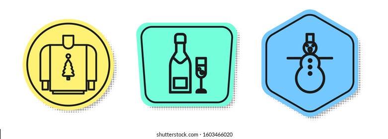 Set line Christmas sweater, Champagne bottle and glass of champagne and Christmas snowman. Colored shapes. Vector