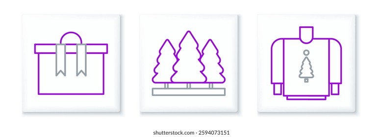 Set line Christmas sweater, Gift box and trees icon. Vector