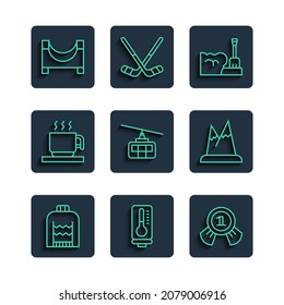Set line Christmas sweater, Meteorology thermometer, Medal, Shovel in snowdrift, Cable car, Hot chocolate cup, Skate park and Mountains icon. Vector
