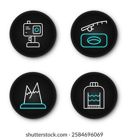 Set line Christmas sweater, Mountains, Winter fishing and Action camera icon. Vector