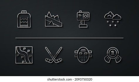 Set line Christmas sweater, Route location, Cloud with snow, Hockey mask, Ice hockey sticks, Mountain descent, Medal and Action camera icon. Vector