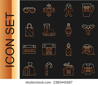 Set line Christmas sweater, Snowflake speech bubble, Branch viburnum, Holiday gingerbread man cookie, Figure skates, shopping bag, Ski goggles and ball icon. Vector