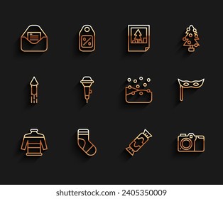 Set line Christmas sweater, stocking, party invitation card, Candy, Photo camera, Microphone, Festive mask and Snowfall icon. Vector