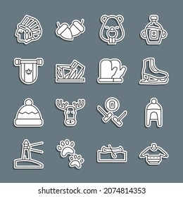 Set line Christmas sweater, Winter hat, Skates, Beaver animal, Royal Ontario museum, Pennant Canada, Native American Indian and mitten icon. Vector