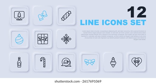 Set line Christmas toy, Gift box, bow, ball, Candy cane with stripes, mittens and Santa Claus hat icon. Vector